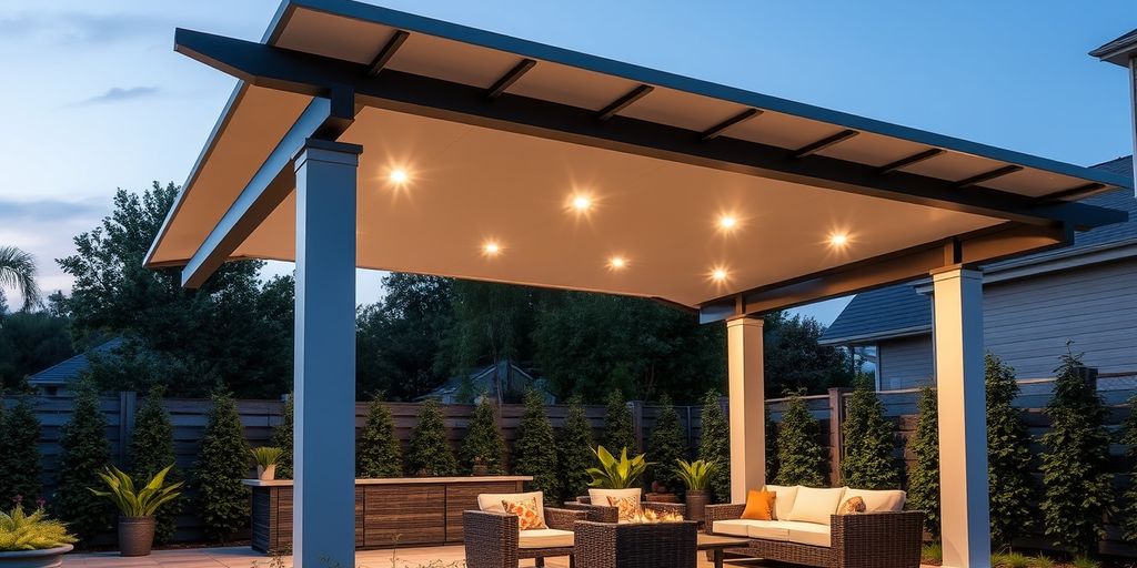 Smart patio with automated pergola and modern outdoor furniture