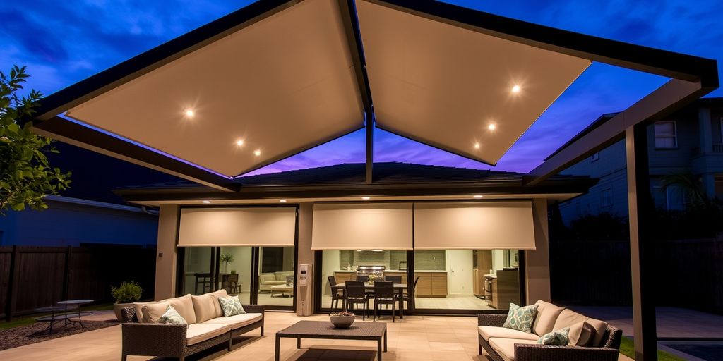 Modern patio with smart pergola and outdoor furniture.