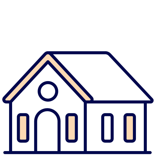 Illustration of a simple house with a peaked roof and three windows. The house is outlined in blue, with a light beige color for the windows and door. The design is minimalist and uses basic geometric shapes.