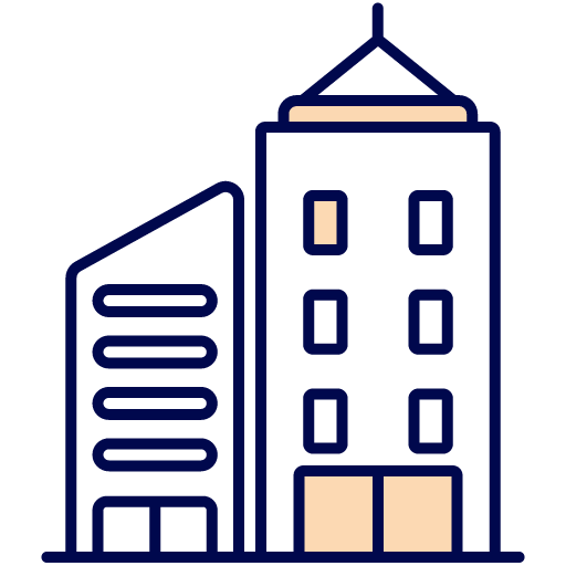 Illustration of two buildings. On the left is a shorter, modern building with horizontal stripes. On the right is a taller, classic-style building with a pointed roof and windows. Both are outlined in blue and filled with white and light brown.