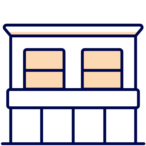 Illustration of a two-story building with a flat roof. The structure has two large windows on the upper floor and three sections with panels on the lower floor. The building is depicted in shades of white, beige, and blue outlines.