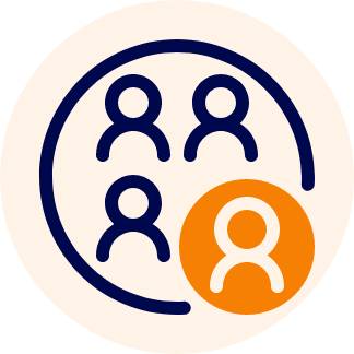 Icon of four stylized human figures: three in dark blue inside a circular blue border and one in orange outside, all set against a soft peach background. The design suggests individuality or group dynamics.