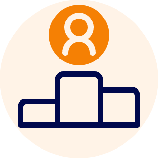 Icon of a podium with three levels in dark blue on a light background. Above it is an orange circle containing a human figure outline.