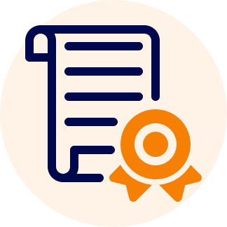 Icon of a rolled-up certificate with an orange award ribbon. The certificate is dark blue, and both elements are set against a light beige circular background.