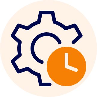 Icon of a blue gear partially overlapping an orange clock face, set against a beige background.