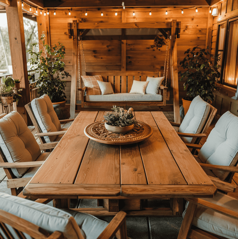 outdoor patio featuring comfortable and stylish furniture, including a cozy sofa set, dining table with chairs, and decorative cushions, highlighting Dam Good Patios' premium outdoor furniture