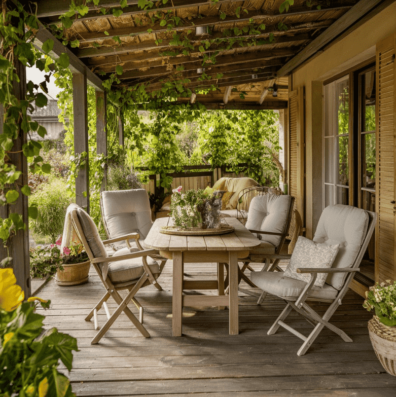 Chic and functional patio design with a mix of natural stone flooring, wooden pergola, and integrated seating areas, exemplifying Dam Good Patios' expertise in creating custom outdoor living spaces