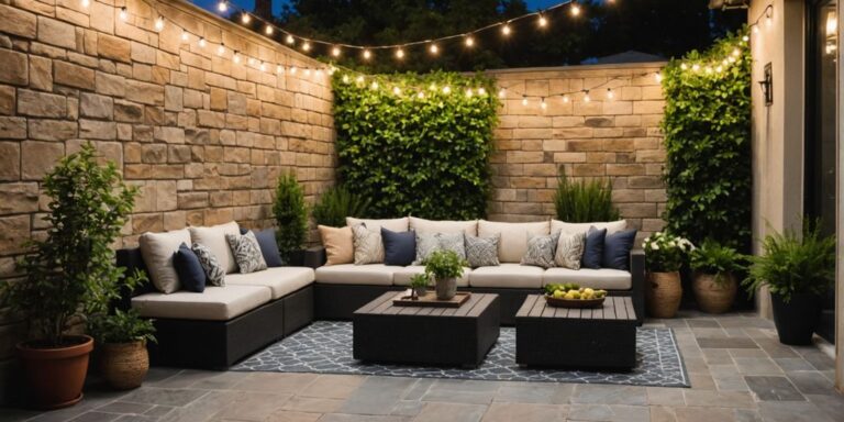 Elegant backyard patio with stone flooring and string lights