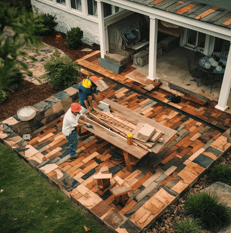 Patio plans being made in a sky bird view