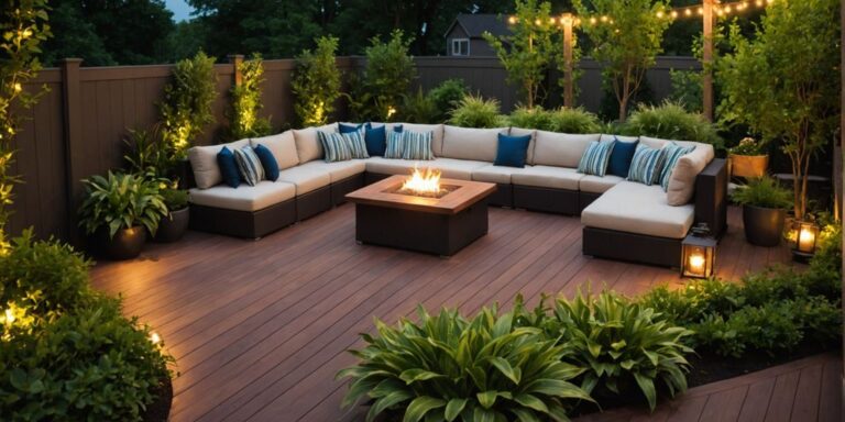 Modern outdoor deck with furniture and greenery