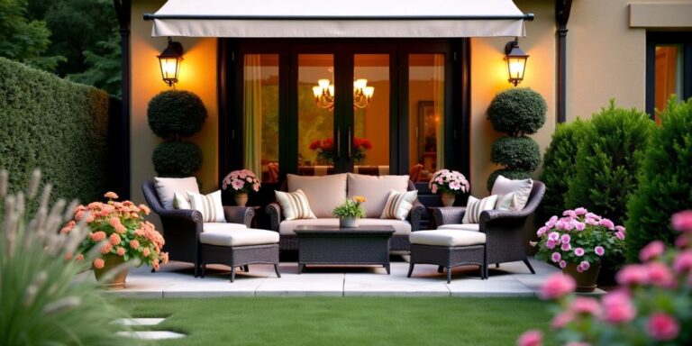 Elegant patio with furniture and lush greenery under awning.