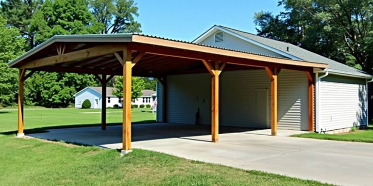 A carport in a green suburban area.