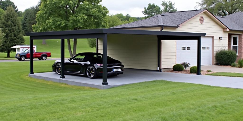 Modern carport in suburban neighborhood