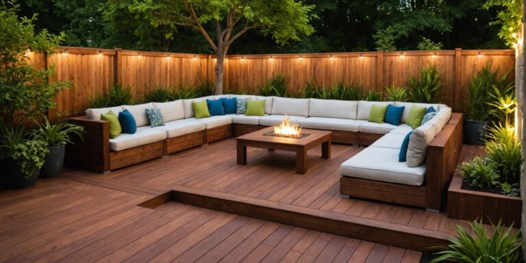 Wooden deck with seating and greenery