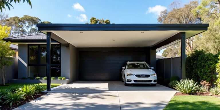 Modern home with sleek carport and parked car.