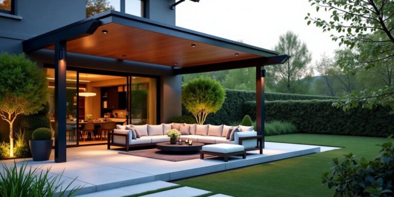 Modern patio with stylish roof and comfortable seating.