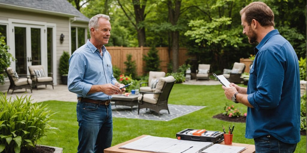 Patio builder and homeowner planning in backyard