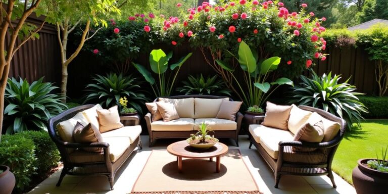 Elegant patio with furniture and vibrant greenery.