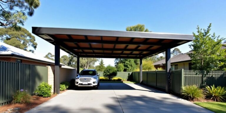 Modern Brisbane carport with vehicle and greenery.