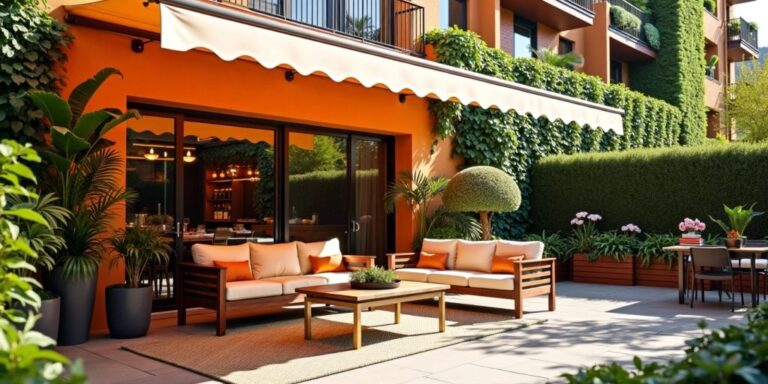 Outdoor patio with awning, seating, and greenery.