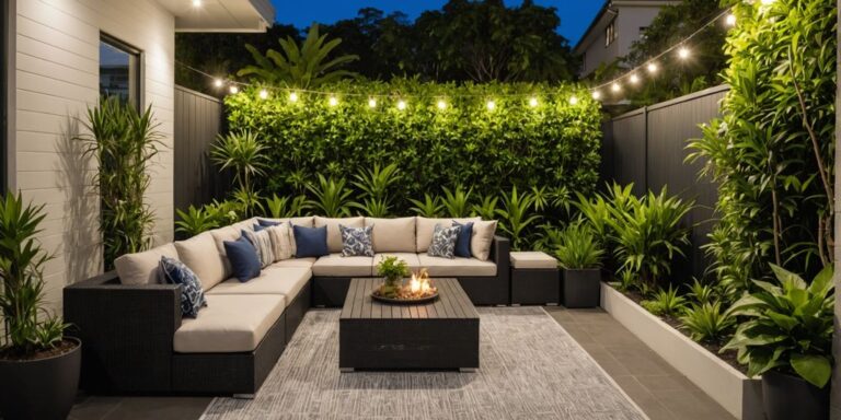 Modern Brisbane patio with furniture and greenery