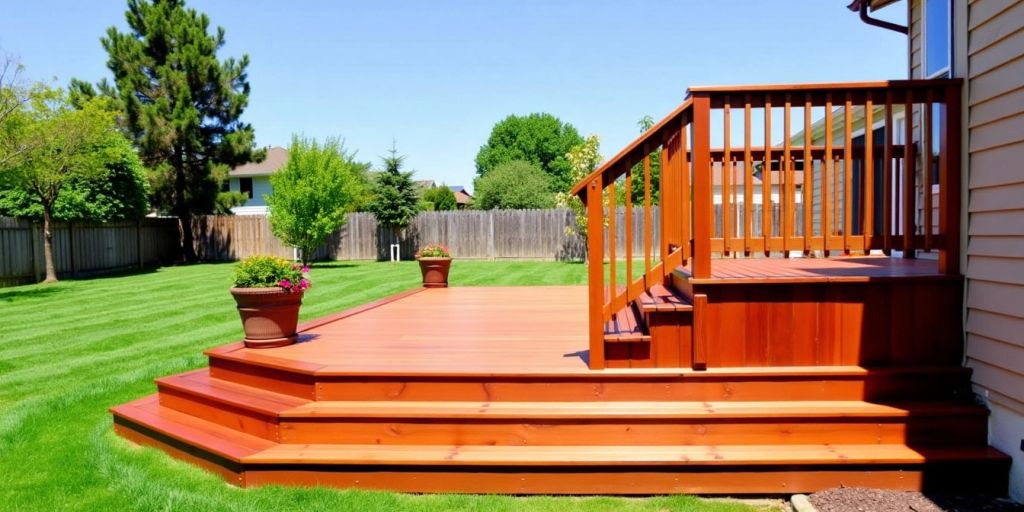 Wooden deck with plants and blue sky