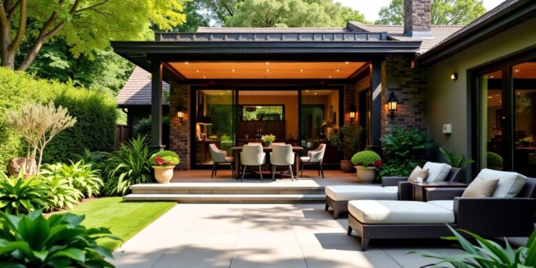 Elegant patio with a roof and cozy outdoor furniture.